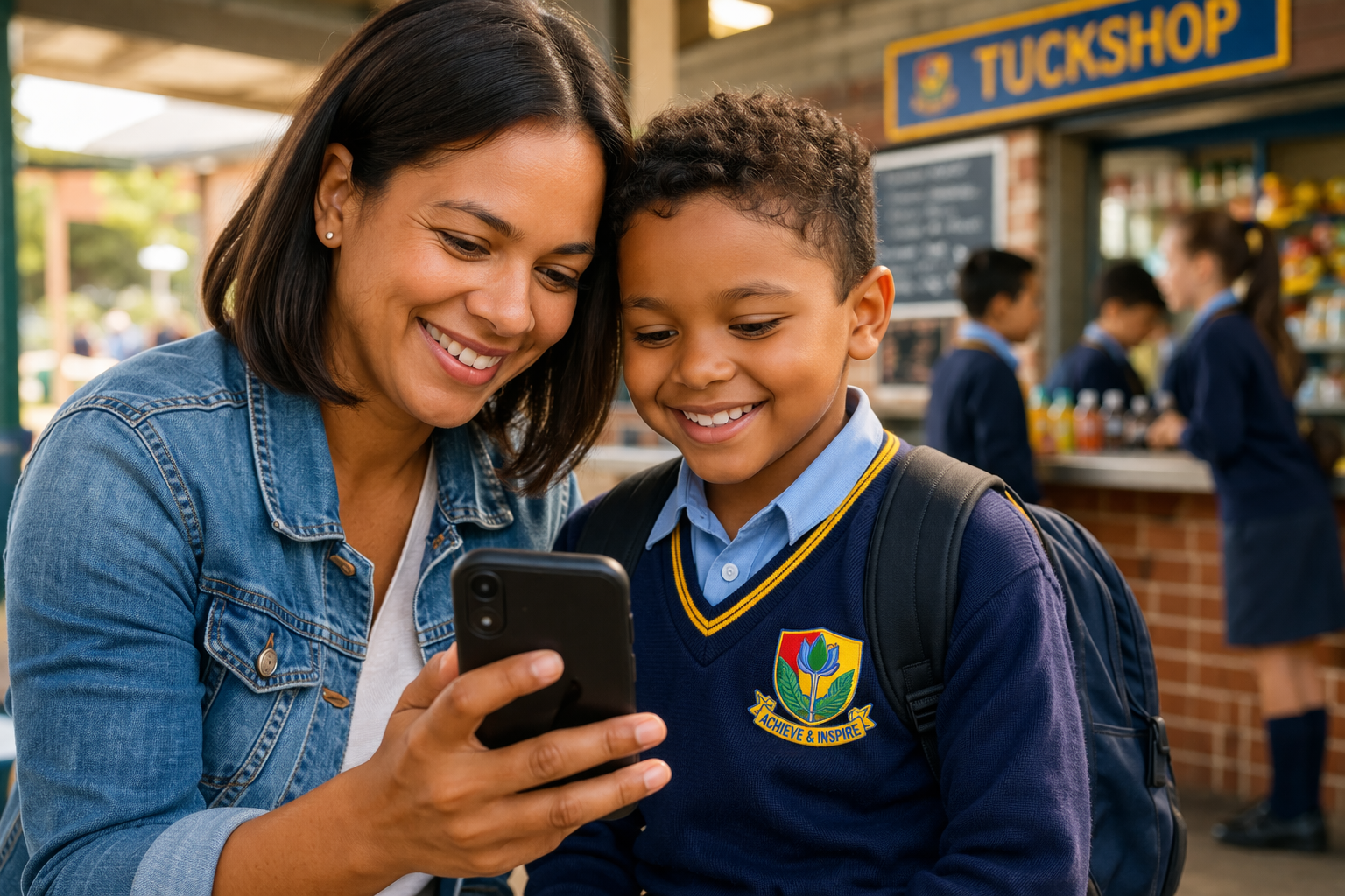 Parent and child at school tuckshop using the Tap4Schools personalised app